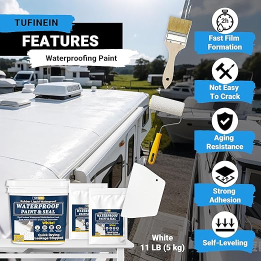 Rubber Liquid Waterproof Sealant, TUFINEIN 11 LB/5 KG White Quick Drying Multi Surface Foundation Leak Repair - Roof Gutters Basement Sealer Waterproof - Indoor & Outdoor Flexible Rubber Paint