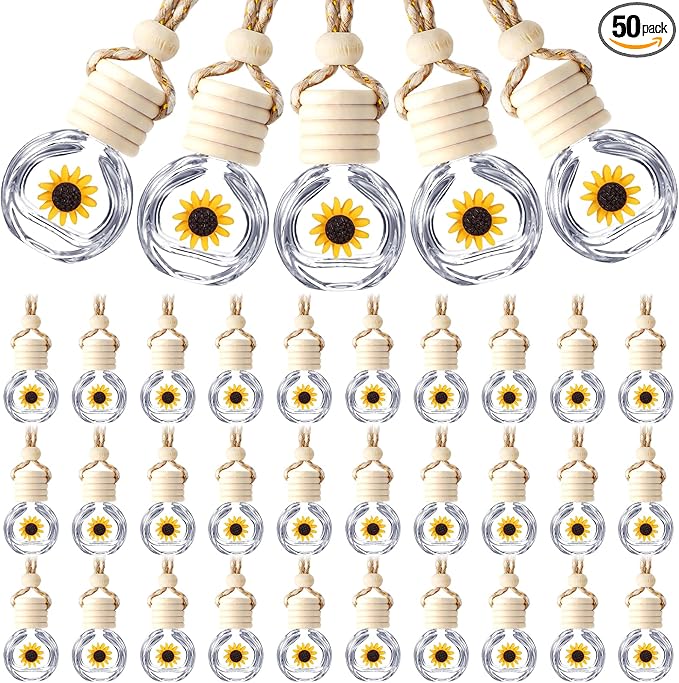BBTO 50 Pcs Hanging Car Air Freshener Car Diffuser Bottles Empty Glass Perfume Bottle Freshener Diffuser Bottle Pendant for Essential Oil Fragrance Aromatherapy Ornament(Clear,Sunflower)
