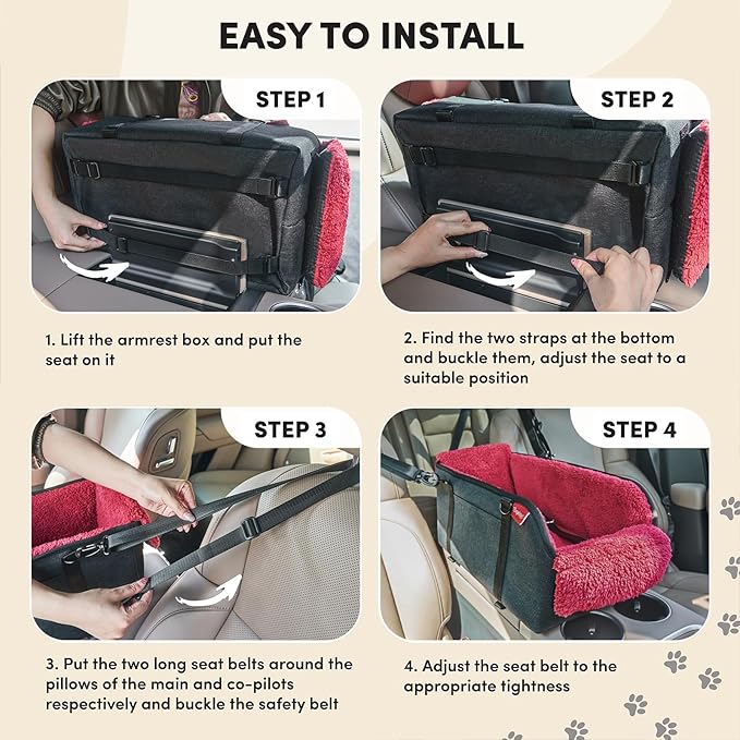 BurgeonNest Center Console Small Dog Car Seat - Portable Pet Cat Puppy Booster Armrest Carseat Up to 11lbs, Anti-Collapse Comfort Car Travel with Washable Fluffy Cushion and Pillow, Red