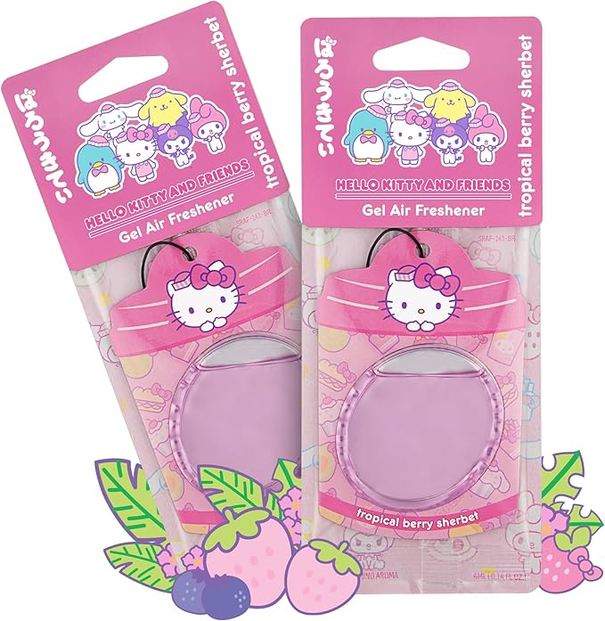 Hello Kitty and Friends Car Air Freshener (Hello Kitty - Tropical Berry Sherbet) Hanging Gel Area Deodorizer, Long-Lasting Car Scents Air Freshener, Cute Automotive Sanrio Accessories Decor, 2-Pack
