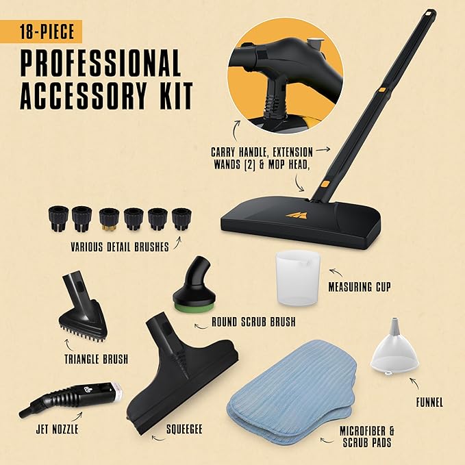 McCulloch MC1275 Heavy-Duty Steam Cleaner, 45 Minute Runtime, 18 Accessories: Mop Head, Brushes, & More - Built for Home, Tile, Grout, Carpet, Furniture, & Personal Car Detailing
