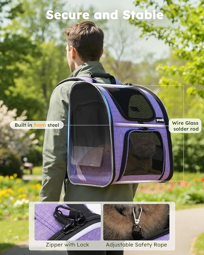 Pecute Cat Backpack Carrier Expandable, Pet Backpack for Cats & Small Dogs Up to 11lbs, with 4-Side Breathable Mesh, Multi-Entry & Lockable Zippers for Travel, Hiking, Camping - Hands Free, Purple