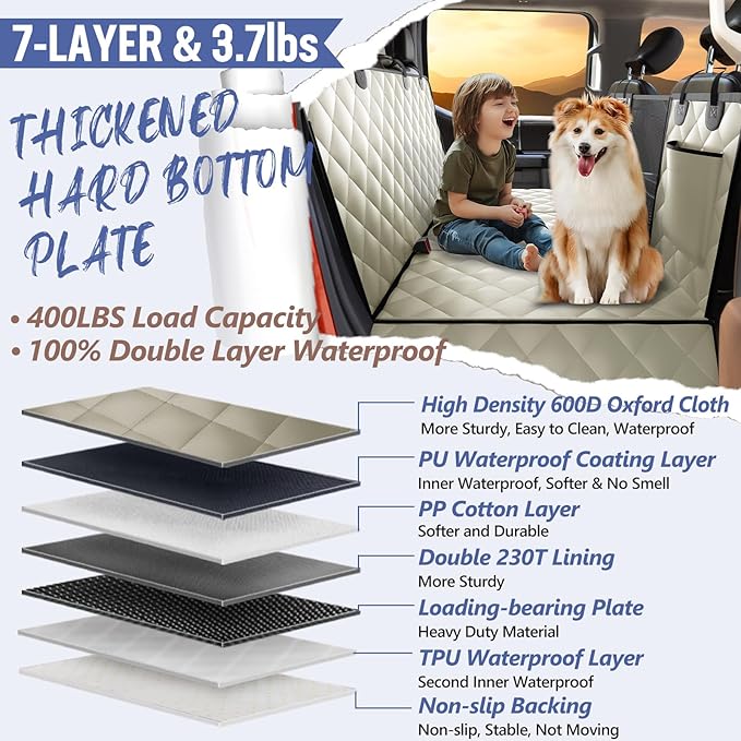 Back Seat Extender for Dogs Truck-Large Space, Dog Pet Seat Cover Back Seat Hard Bottom Holds 400lb, Waterproof Dog Hammock for Crew Cab Trucks F150, RAM1500, Sierra, Tundra, Silverado, Khaki