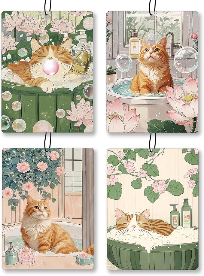 Vintage Japanese Orange Cat Bathroom Air Freshener 4 Pcs, Aesthetic Floral Cat Hanging Scents Air Freshener for Women Girls Gifts, Cute Kitten Scented Car Accessories Decor for Bathroom