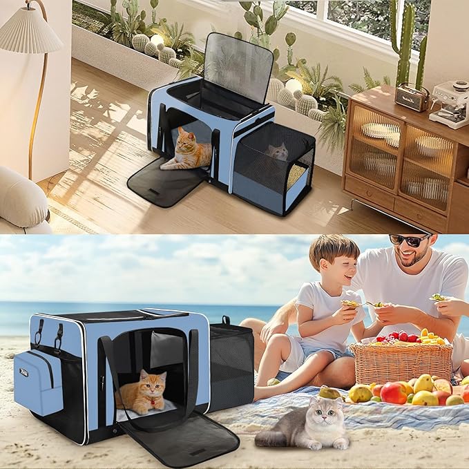24"x17"x17" Petskd Side Expandable Extra Large Cat Carrier with Litter Box Area for Car Travel, Collapsible Soft Large Pet Carrier or 2 Cats Under 55LBS with Seat Belt Buckles(Blue)