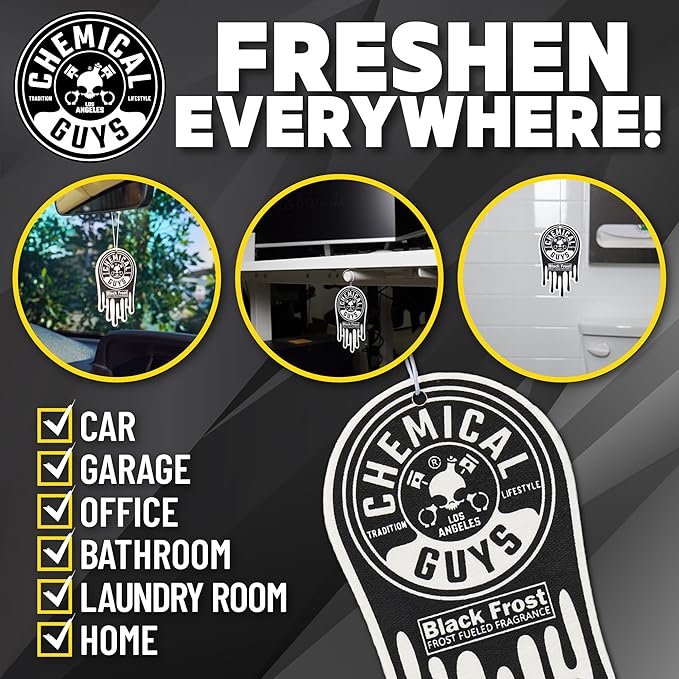 Chemical Guys Black Frost Air Freshener and Odor Eliminator, 16 fl oz Spray with 3 Pack of Hanging Air Fresheners (Great for Cars, Trucks, SUVs, RVs, Home, Office, Dorm Room & More) - HOL432