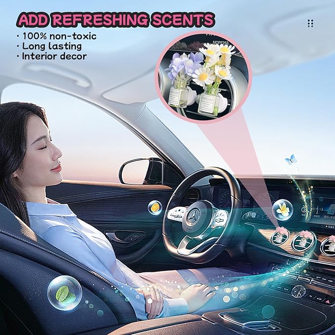 Girl Girly Car Accessories for Women, Cute Car Decor Dashboard Decorations, Cute Flower Air Freshener Vent Clips, Auto Interior Dash Ornament Accessories (yellow gypsophila, small)