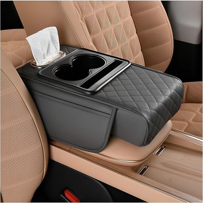 Car Center Console Armrest Pillow, Memory Foam Leather 4 in 1 Vehicle Arm Rest Cover with Tissue Box 2 Side Storage Bag Cup & Phone Holder, Auto Armrest Cushion, Universal Fit (Gray)