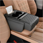 Car Center Console Armrest Pillow, Memory Foam Leather 4 in 1 Vehicle Arm Rest Cover with Tissue Box 2 Side Storage Bag Cup & Phone Holder, Auto Armrest Cushion, Universal Fit (Gray)