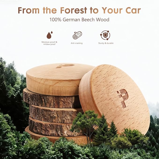 Wooden Car Air Freshener Vent Clip, Refillable Essential Oil Diffuser with Long-Lasting Natural Scent, European Beech Wood & Metal Auto Deodorizer, Includes 2 Clips + 4 Plaster Refill Pads