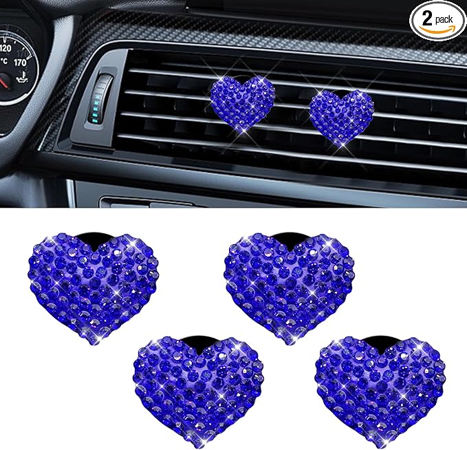 4PCS Bling Heart Air Vent Clips, Car Air Freshener for Women, Air Fresheners Diffuser Clip Charm, Car Air Conditioning Outlet Clip Decorative Accessory for Women Girls (Blue, Style1)