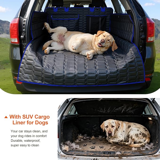 SUV Cargo Liner for Dogs, Waterproof Pet Trunk Cover with Bumper Flap Protector, Non-Slip Scratchproof, Non-Slip Dog Seat Mat for SUVs, Large Size Cargo Liner Universal Fit Blue