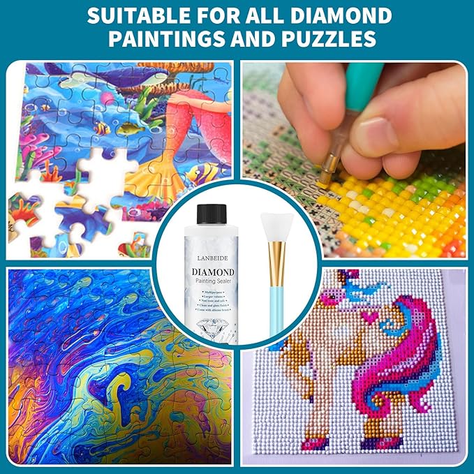 LANBEIDE 200ML Diamond Painting Sealer with Silicone Brush, Updated 5D Diamond Painting Glue Sealer Permanent Hold & Shine Effect Conserver for Diamond Painting and Jigsaw Puzzles (7 OZ)