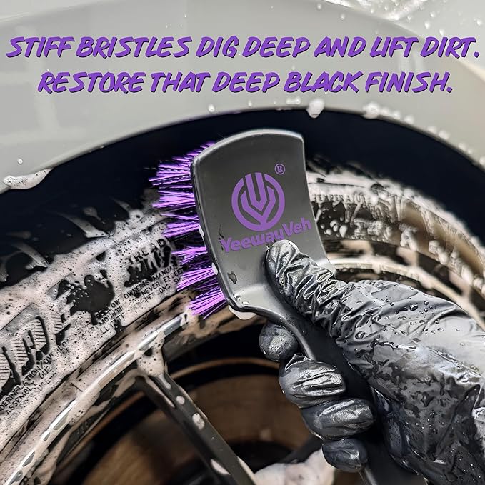 YeewayVeh Pro Tire Cleaning Brush, Stiff Mixed Bristles Tire Cleaner, Short Handle Scrub Brush for Cleaning Sidewalls, Rubber Mats & Wheels, Anti-Deformation Tyre Detailing Tool, Purple/Black