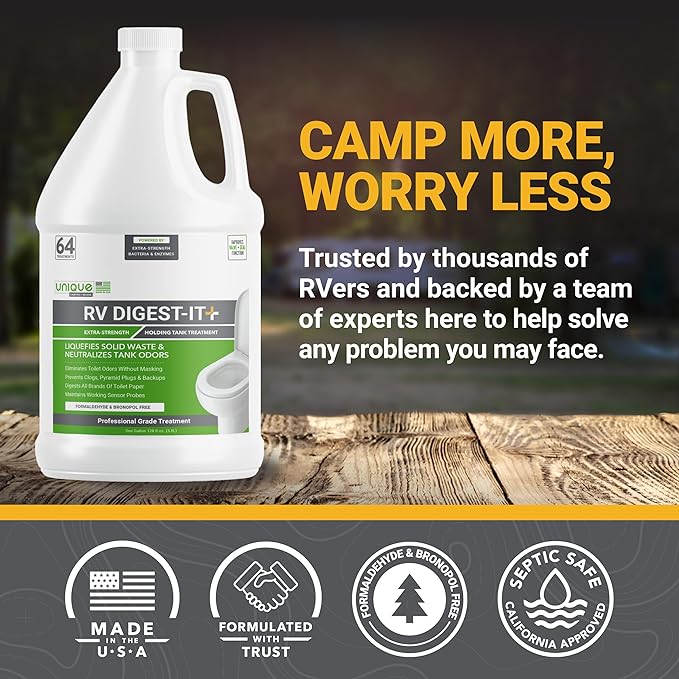 Unique RV Digest-It+, Extra-Strength RV Toilet Treatment - Liquifies Waste and Toilet Paper - Odor Eliminator (128 oz)
