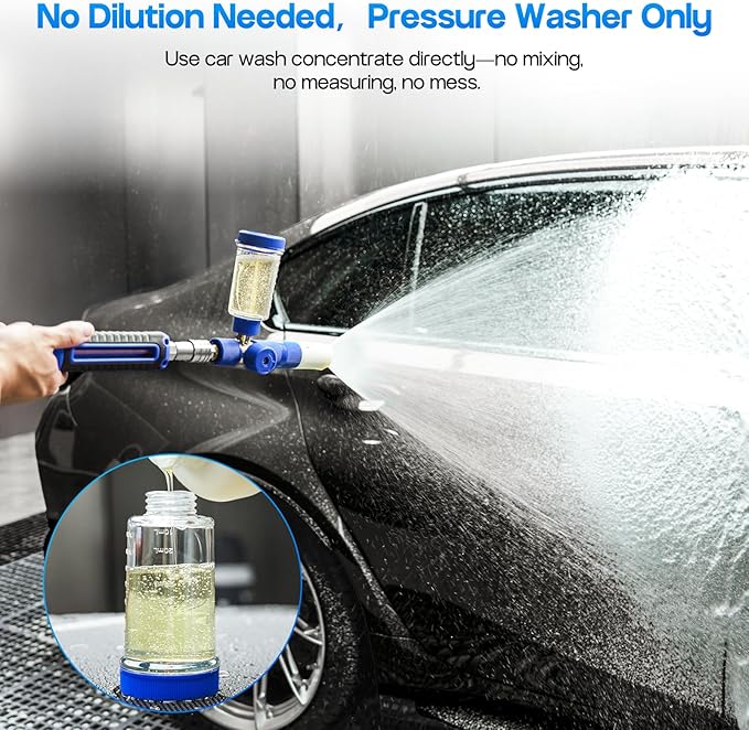 Mini Foam Cannon with 100ml Bottle, No Dilution Needed, Adjustable Foam Concentration, 360° Rotatable Spray Nozzle, Standard 1/4" Brass Connector (Pressure Washer Only)