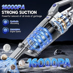 Handheld Vacuum Cordless, 16000PA Strong Suction Hand Held Car Vacuum Cleaner, Portable Hand Vacuum Rechargeable with Multi-Nozzles & LED Light for Home, Car, Office, Pets