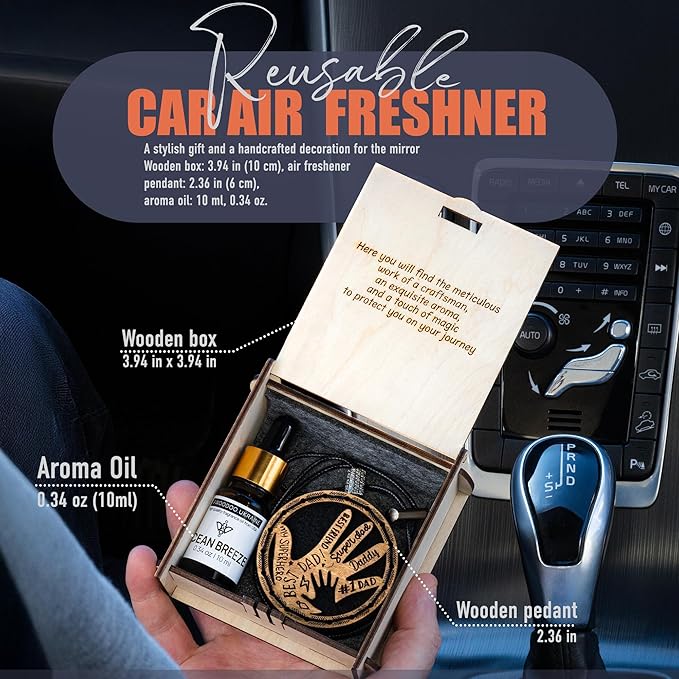 Handmade Wood Car Air Freshener — Father’s Hands Designed Refillable Essential Oil Diffuser — Long Lasting Ocean Breeze Fragrance Oil 10 ml — Car Accessories Gift Box
