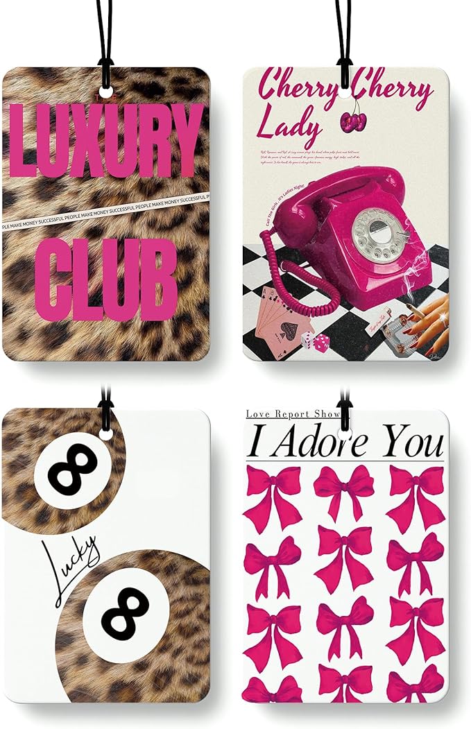 Hot Pink Cheetah Print Car Air Freshener 4 Pcs, Funky Coquette Bow Leopard Print Lucky 8 Ball Hanging Air Freshener for Cars Closet Drawer Books, Girly Car Accessories Mirror Decor for Women