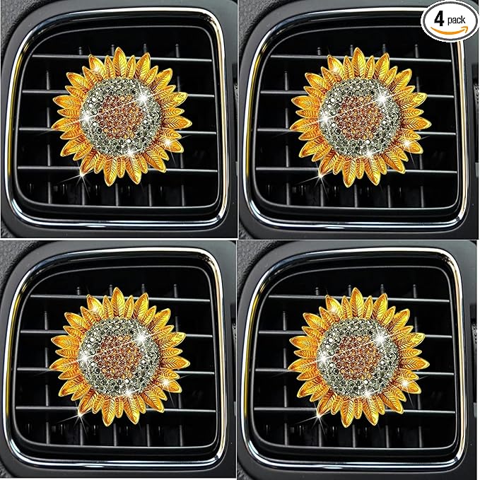 4Pcs Bling Sunflower Air Vent Clips, Golden Car Air Fresheners Diffuser, Diamond Decoration Rhinestone Interior Decor Cute Accessories