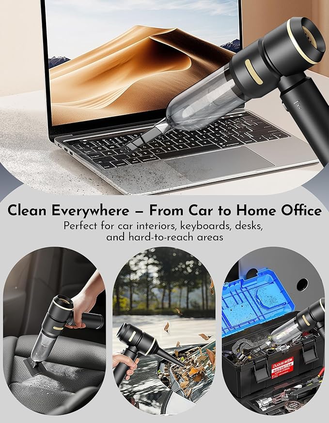 Handheld Car Vacuum Cleaner with Multiple Nozzles, Powerful Portable Design, Black with Gold Accents, Includes Brush and Crevice Tools