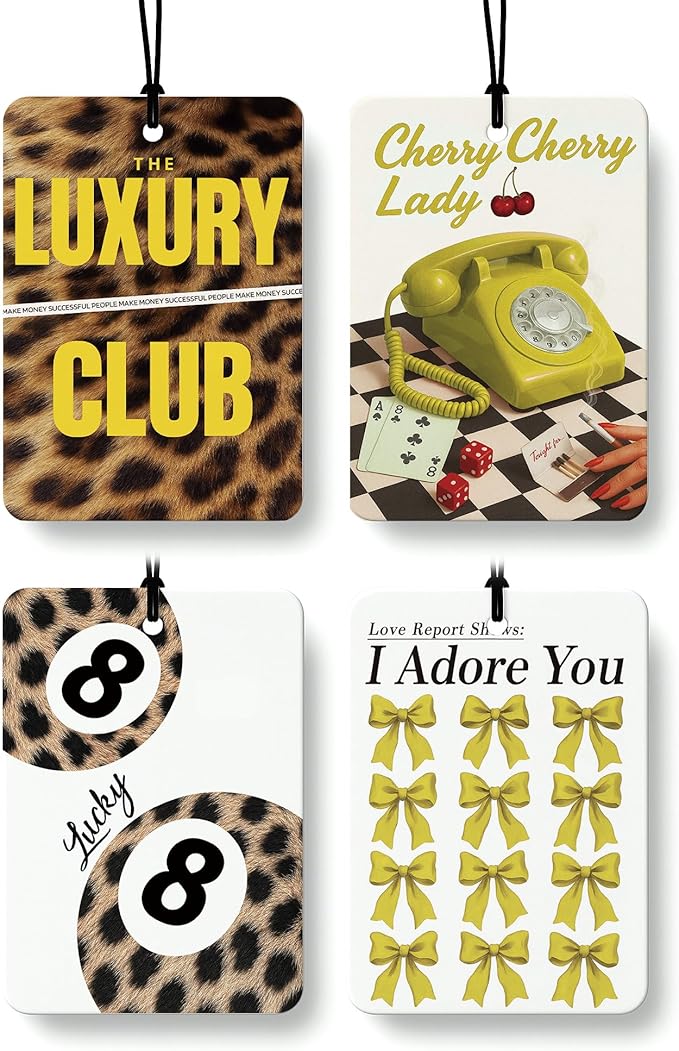 Yellow Cheetah Print Car Air Freshener 4 Pcs, Trendy Coquette Bow Leopard Print Lucky 8 Ball Hanging Air Freshener for Cars Closet Drawer Books, Girly Car Accessories Mirror Decor for Women