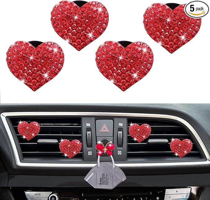 5 Pcs Bling Red Lips Air Vent Clips, Heart Shape Crystal Car Air Vent Clip Charms Car Air Fresheners for Women Rhinestone Diffuser Vent Clip Cute Car Decor Bling Car Accessories for Women (Red hearts)