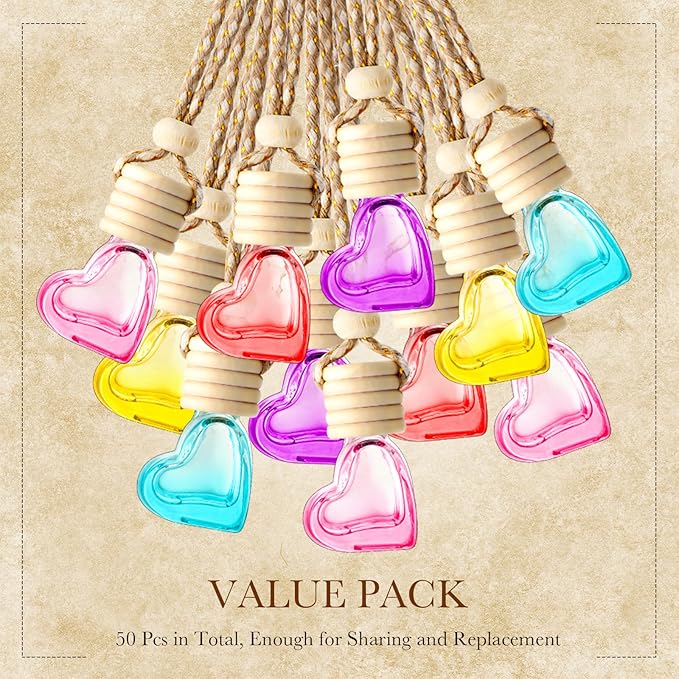 20 Pcs 6ml Hanging Car Diffuser Bottle Empty Glass Perfume Air Freshener Heart Love Bottle Diffuser Pendant Valentine's Day Essential Oil Fragrance Aromatherapy Ornament (Multicolor)