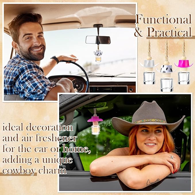 3 Pieces Cowboy Hat Car Air Freshener Hanging Cow Print Diffuser Bottles Western Country Refillable Empty Glass Perfume Bottle Car Interior Rear View Mirror Accessories (White, Spots, Pink)