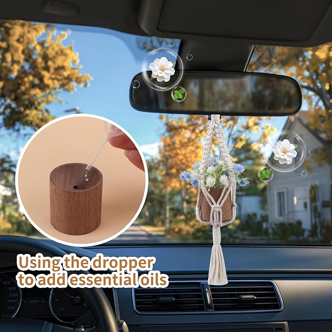 2pcs Plant Flower Car Hanging Air Freshener Accessories with Wooden Essential Oil Diffuser Cute Car Rear View Mirror Hanging Accessories for Home Office Decor