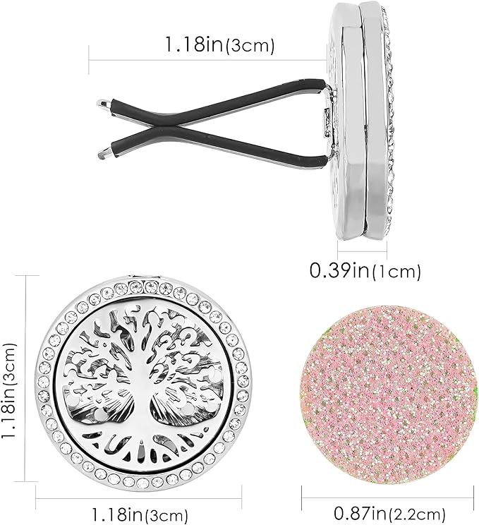 Essential Oil Car Diffuser Vent Clips, Sparkling Essential Oil Car Diffuser, with 20 Refill Pads, for Long Lasting Automotive Odor Eliminator Decoration (1, Life Tree+11-petaled Flower)