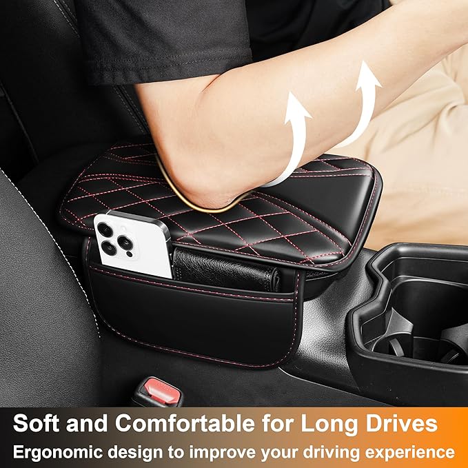 Car Center Console Cover Fit for Jeep Gladiator - Leather Armrest Covers with 2 Storage Pockets(Black&Red)