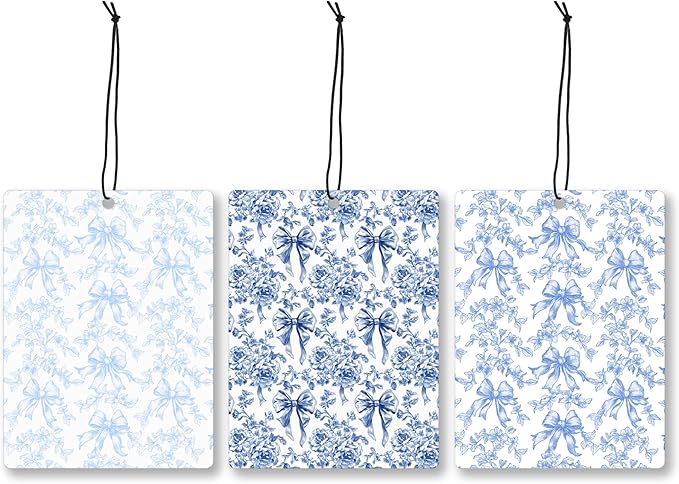 Mancheng-zi Coquette Blue Bow Flower Car Air Freshener 3Pcs, Cute Preppy Girly Floral Air Freshener Hanging for Cars Closet Drawer or Books, Blue Coquette Preppy Car Accessories Mirror Decor for Women