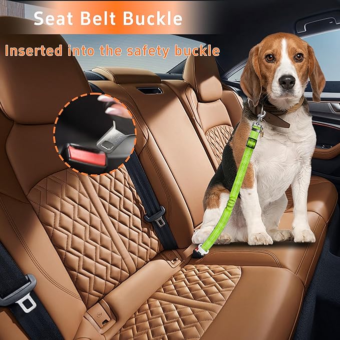 Dog Car Seat Belt - 3 Piece Set Retractable Dog Harness with Adjustable Reflective Seatbelt for Vehicle Headrests - Heavy Duty & High Elastics - Green