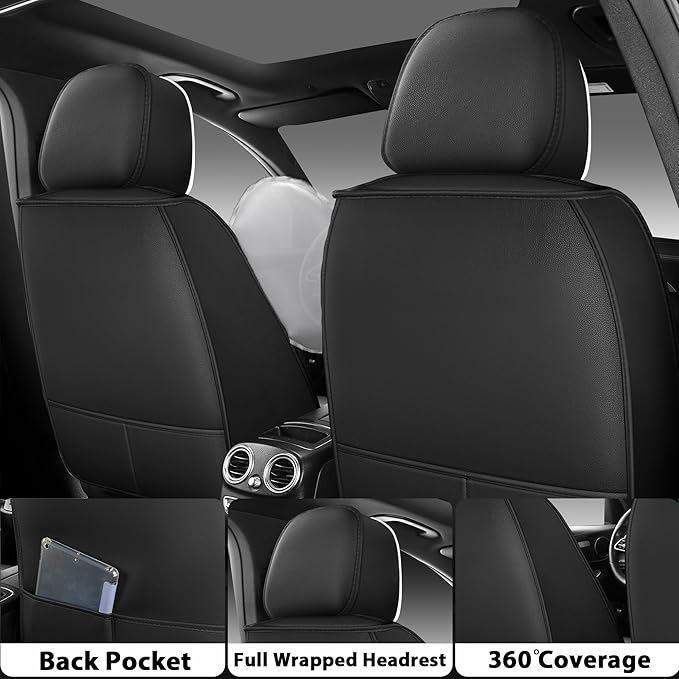 otoez Car Seat Covers Full Set, Universal Leather Seat Cover for Car, Waterproof 5 Seat Automotive Front and Back Seat Protector Full Coverage for Most Sedens Trucks SUVs, White & Black