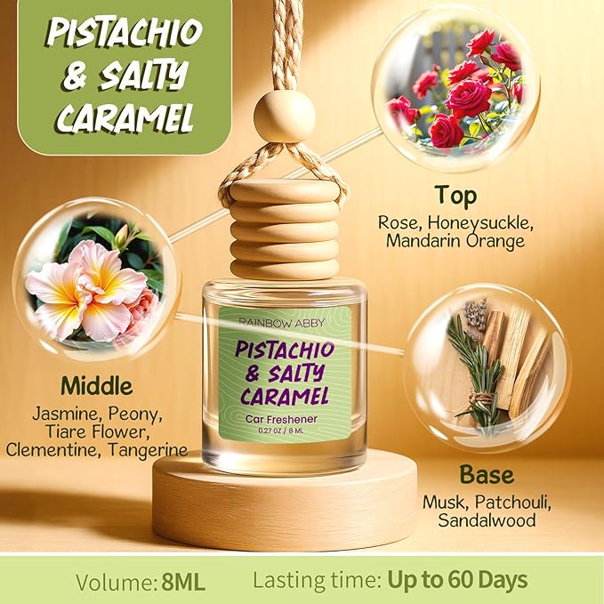 RAINBOW ABBY Hanging Car Air Freshener Diffuser 2 Pack - Pistachio & Salty Caramel Fragrance Oil, 45+ Days Long Lasting, Essential Oil Diffuser for Car