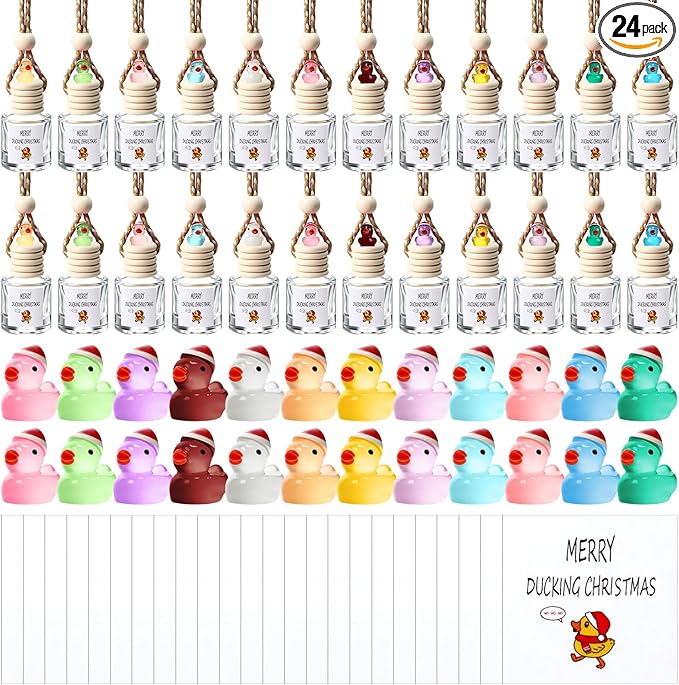 24 Set Christmas Hanging Car Air Freshener Car Diffuser Bottles Bulk Employee Appreciation Gifts Empty Glass Perfume Bottle with Resin Ducks and Merry Ducking Christmas Tags for Essential Oil