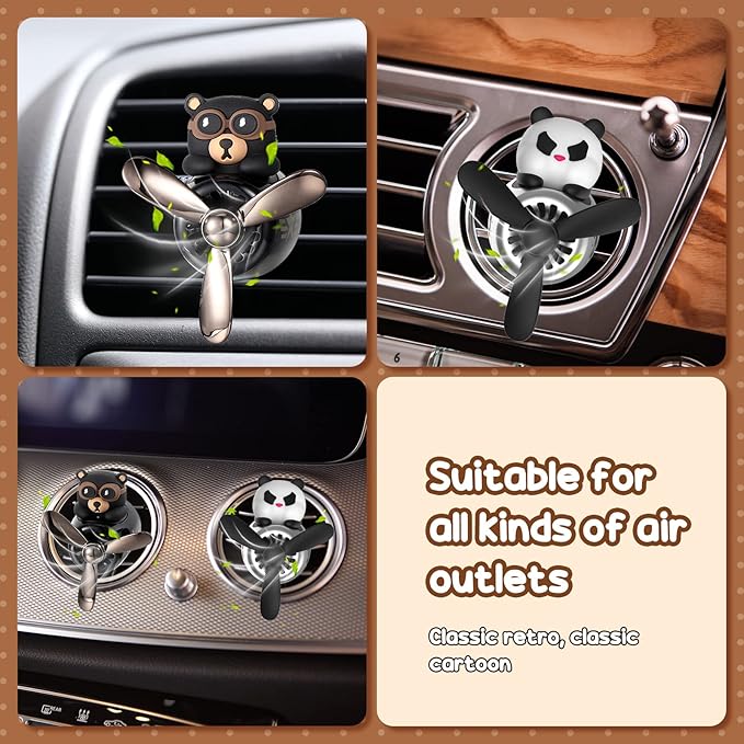2 Pcs Car Air Freshener Cute Car Diffuser Cartoon Outlet Fan Air Diffuser for Car Vent Perfume Automotive Decoration(Panda, Bear)
