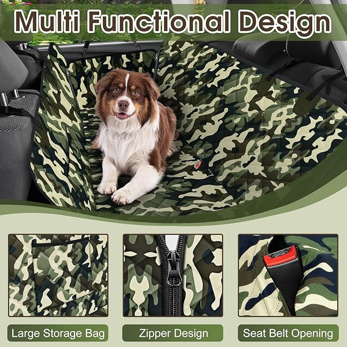 Waterproof Dog Car Seat Cover for Back Seat - Durable, Scratch Proof Pet Hammock with Nonslip Design & Storage Pockets, Fits Cars, SUVs, Trucks- S, Camouflage
