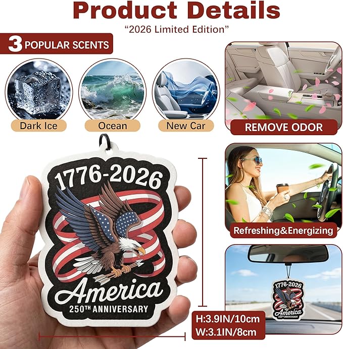 9Pcs USA 250th Anniversary Car Air Freshener, 1776-2026 Semiquincentennial Commemorative Hanging Ornament, Patriotic Double-Sided Scented Tablet, 2026 Independence Day Souvenir Gifts (Style 4)