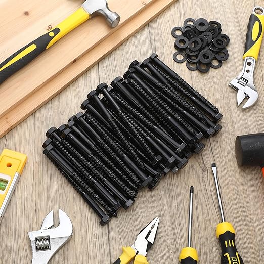 Tandefio 50 Pack 1/2''x 6'' Ceramic Black Lag Screw Kit with Washers Hex Lag Bolts Wood Screws Heavy Duty Ruspert Coating Hot Dip Galvanized Double Layer for Wood Decks Fences