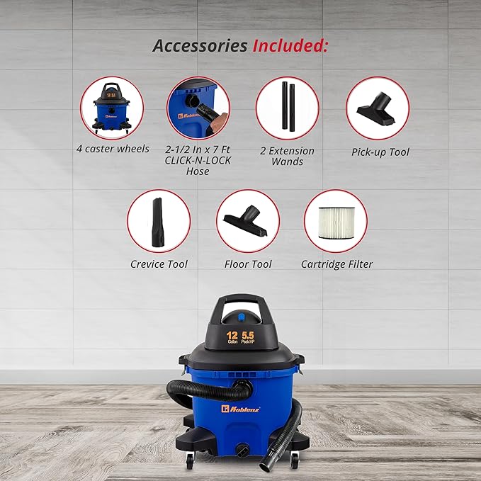 Koblenz Wet-Dry Vacuum, 12 Gallon Tank, 5.5 HP Vacuum Cleaner with 2-1/2" in x 7' Locking Hose, with a Blower Function, Blue/Black, 5 Year Warranty, with Included Accessories, WD-12 L4