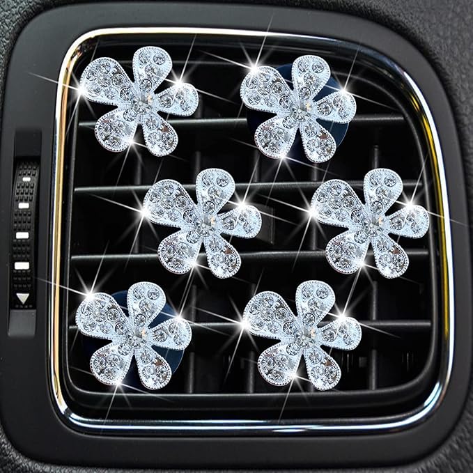 Bling Flower Air Vent Clips, 6 Pcs Cute Daisy Air Fresheners, Diffuser With Rhinestone Interior Decoration Charm, Diamond Decor Accessories for Women Girls