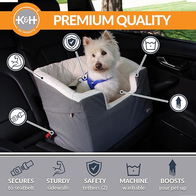 K&H Pet Products Bucket Booster Dog Car Seat, Seat Belt Secured, 2 Safety Leashes, Washable Covers, Sturdy Pet Booster Seats for Cats & Dogs - Small Gray/Cream