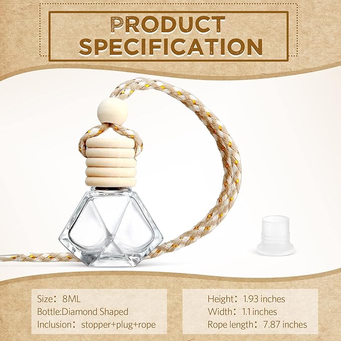 BBTO 50 Pcs Hanging Car Air Freshener Car Diffuser Bottles Empty Glass Perfume Bottle Freshener Diffuser Bottle Pendant for Essential Oil Fragrance Aromatherapy Ornament(Rhombus)