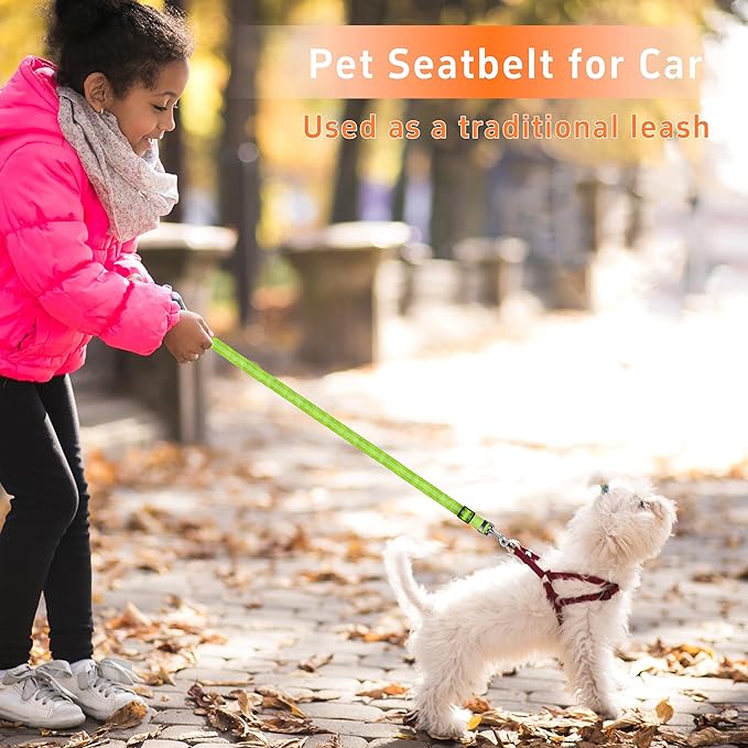 Dog Car Seat Belt - 3 Piece Set Retractable Dog Harness with Adjustable Reflective Seatbelt for Vehicle Headrests - Heavy Duty & High Elastics - Green