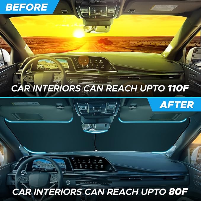 Detachable Truck Windshield Sun Shade | Foldable Sunshade for Front Windshield | Pickup Truck Sun Visor for Heat and UV Protection Premium Reflective & Dual Layer Design - Large 74"x36"
