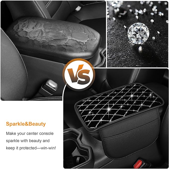 Bling Armrest Cover for Car Compatible with Jeep Gladiator - Center Console Cover with 2 Storage Pockets and Crystal Diamond(Black)