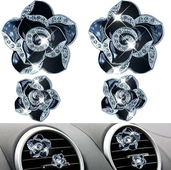 Bling Flower Air Freshener Vent Clips Car Accessories, 4Pcs Rhinestone Flower Sparkly Air Vent Clips for Fresheners Car Decoration, Airs Freshener Vents Clip for Women Gifts