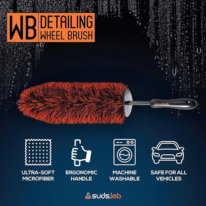 Suds Lab WB Premium Detailing Wheel Brush for All Vehicle Types – 17.7" Ultra-Soft and Scratch-Free Reusable Rim, Wheel, and Tire Brush for Deep Cleaning